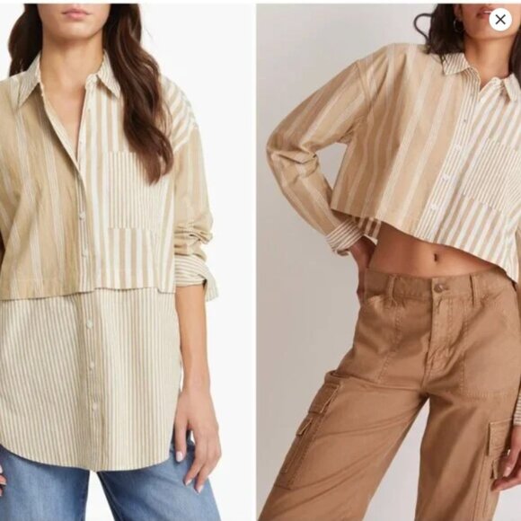 Madewell Tops - Madewell Tan White 2 in 1 Oversized Striped 100% Cotton Shirt Size S